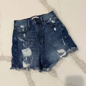 SO Boyfriend Midi High Rise Denim Jean Shorts Women's 3/26W Blue Distressed Mini